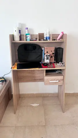 Compact wooden study desk with hutch and drawer - light oak finish