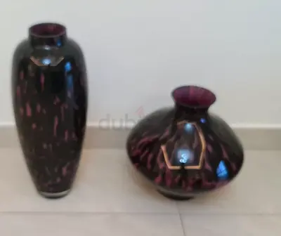 Pair of vintage purple-black art glass vases (tall and wide)