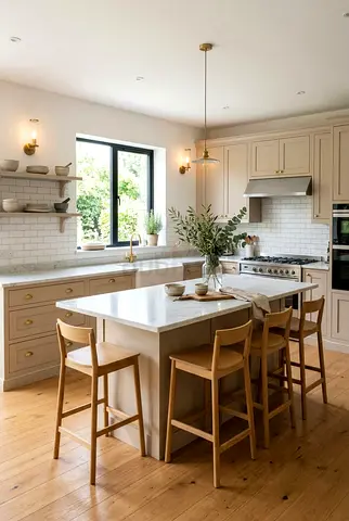 Modern kitchen island with 4 wooden bar stools