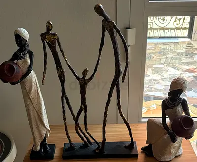 Set of 3 African-themed Decorative Statues — Family and Seated Figures