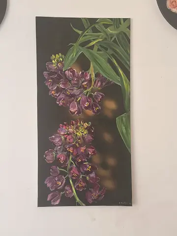 Hand-painted Floral Panel Painting — Purple Flowers on Black Background