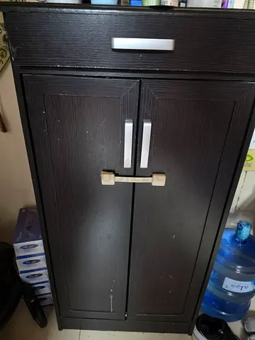 Dark wood two-door storage cabinet with child lock (good condition)