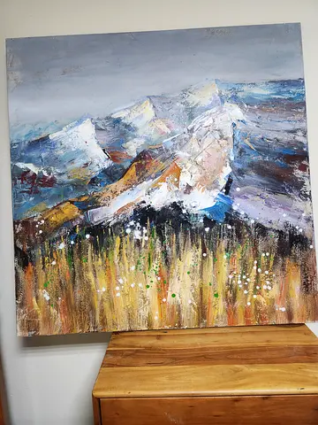 Large Modern Mountain Landscape Painting – Textured Canvas (100x100 cm)