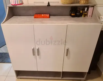 Large 3-Door White & Gray Shoe Cabinet with Open Shelf - Excellent Condition