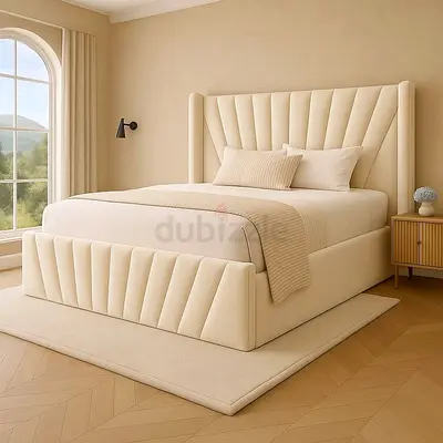 Beige Upholstered Double Bed with Padded Headboard