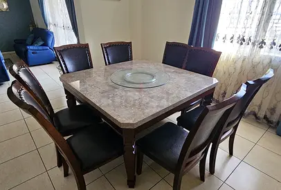 Solid Wood 6-Seat Dining Table with Marble Top and Glass Lazy Susan