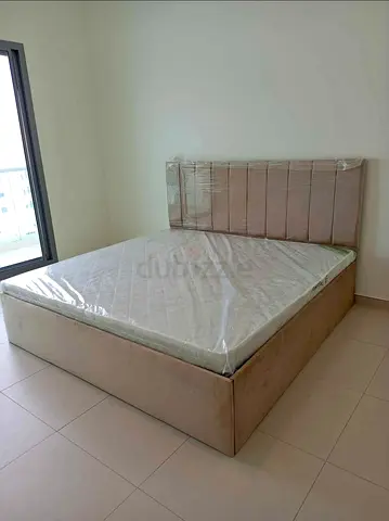 King size bed frame with mattress - new, neutral beige