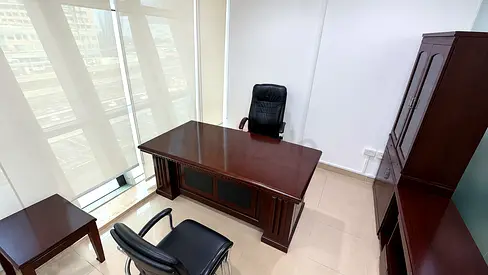 Solid Wood Executive Office Desk with Matching Cabinets and Guest Chairs
