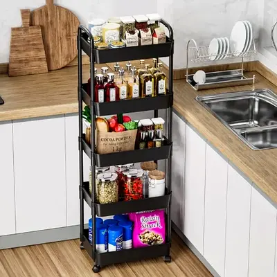 5-TIER ROLLING UTILITY CART WITH HANDLE, MULTI-PURPOSE STORAGE TROLLEY FOR KITCHEN, OFFICE, AND LIVI