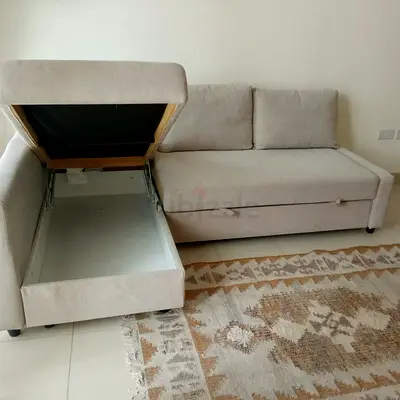 Beige L-shaped Storage Sofa-bed with Pull-out Bed