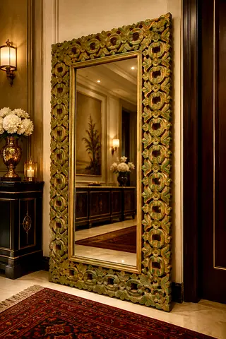 Marina Large Ornate Carved Wooden Floor Mirror - Vintage Green Finish