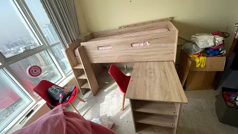 Wooden loft bed with integrated desk and shelves - single, good condition