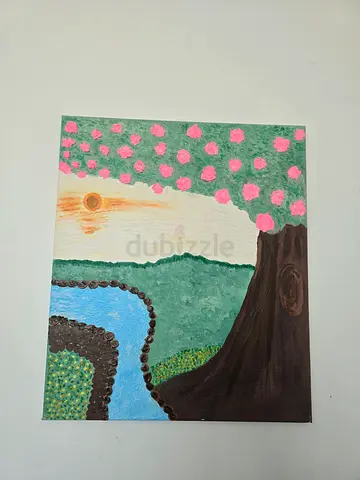 Hand-painted landscape canvas with tree, river and floral foreground -size 6 0*70