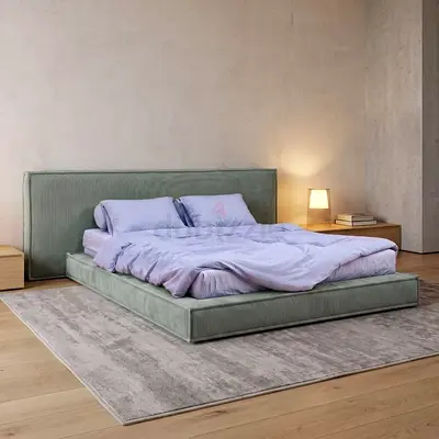 Low Platform Fabric Bed with Padded Headboard
