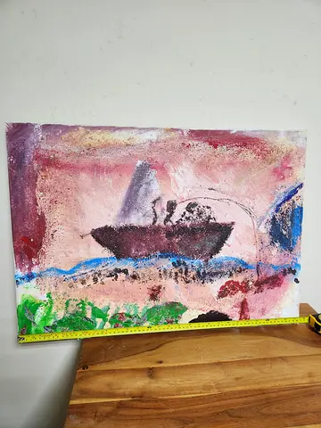 Expressionist Boat at Sea Painting / Textured Mixed Media Canvas Art (70 x 50 cm)