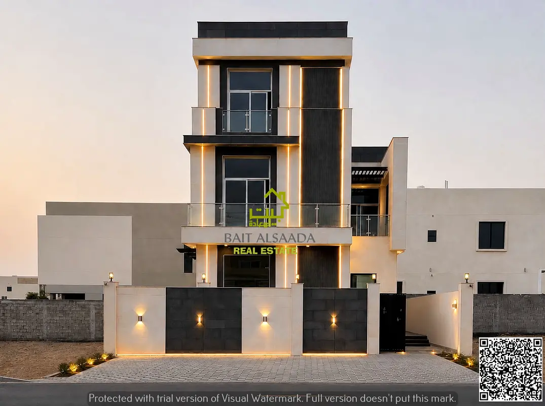 Modern villa in Al Yasmin with a swimming pool (water and electricity included) directly on the main street, freehold ownership for all