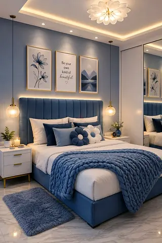 Customised Modern Blue Upholstered Bed with Padded Headboard