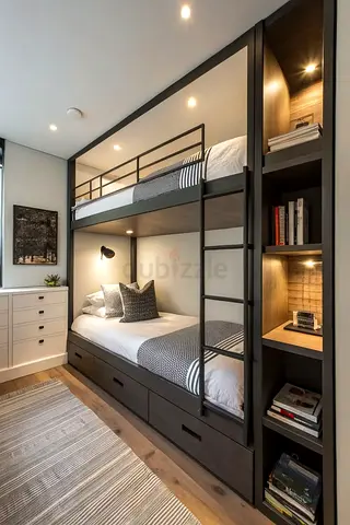 Modern Built-in Double Bunk Bed with Storage and Shelving