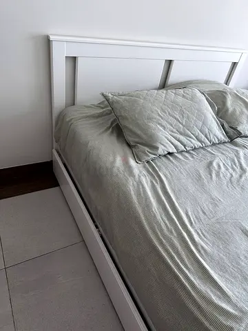 IKEA White wooden double bed frame with storage and mattress - good condition