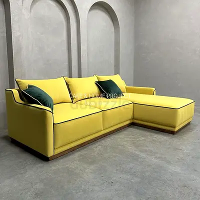 L-shaped Yellow Fabric Corner Sofa with Chaise Longue