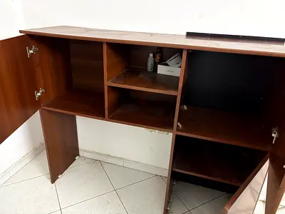 Wooden multi-compartment storage cabinet with doors - good used condition