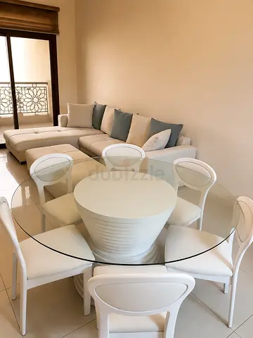 White Glass-Top Round Dining Table with 6 Chairs — Modern Set with Brand new fabric refurbishment