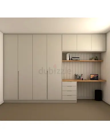 Built-in Wardrobe with Integrated Desk and Overhead Cabinets - Cream Finish