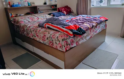 Oak-finish Double Bed Frame with Headboard and Footboard - Good Condition
