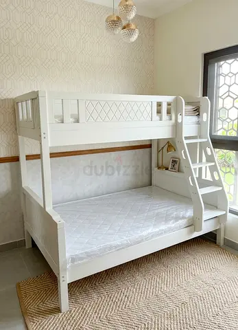 White Wooden Bunk Bed with mattress