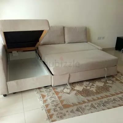 Beige L-Shaped Corner Sofa Bed with Built-in Storage