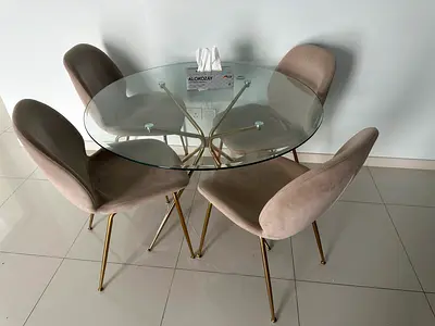 Glass Round Dining Table with 4 Velvet Chairs - Modern Set