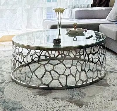 Modern Round Glass Coffee Table with Honeycomb Pattern Base