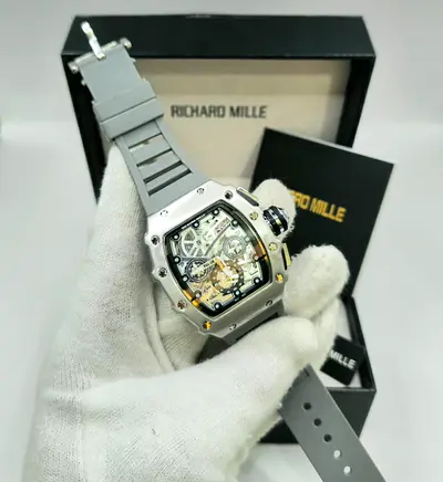Richard Mille style men's skeleton automatic watch with grey rubber strap