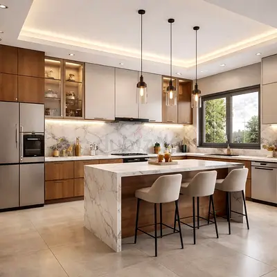 Modern marble-top kitchen island with bar stools and pendant lights