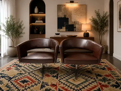 Pair of Brown Leather Swivel Accent Chairs