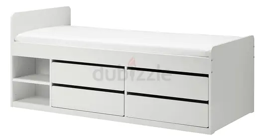 White single bed with 4 drawers and shelves - storage bed