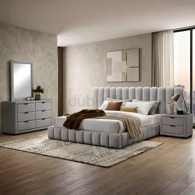 Light gray velvet upholstered queen bed set