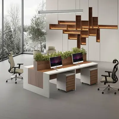Modern 4-Seat Office Workstation Desk with Planter Divider - Walnut & White