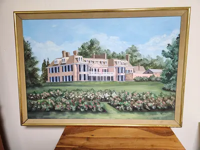 Large Original Vintage Oil Painting – Colonial Estate & Garden by Plyn ('81)