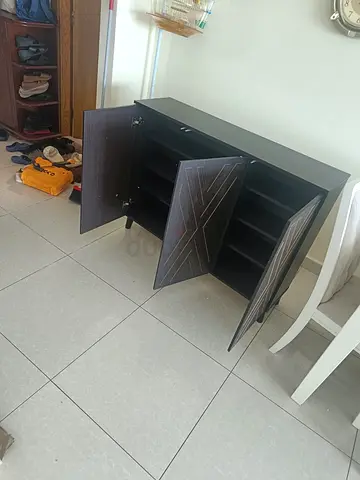 Dark wood sideboard cabinet with shelving - good condition