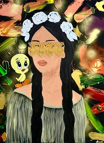 Original mixed-media painting of a veiled woman with Tweety character