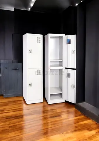 White Metal Storage Lockers - 2-Unit Cabinet with Shelves and Locks more details please