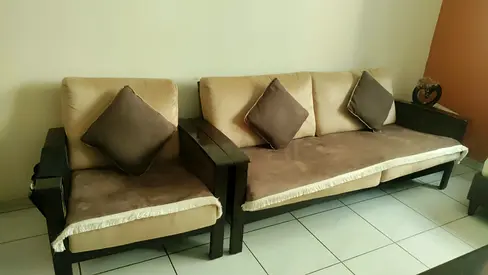 3-seater sofa with single armchair - solid wood frame, good condition.first come first serve. hard f