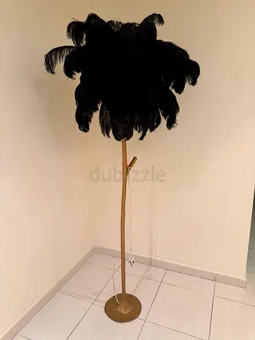 Tall Black Feather Floor Lamp on Gold Stand - Unique Statement Piece