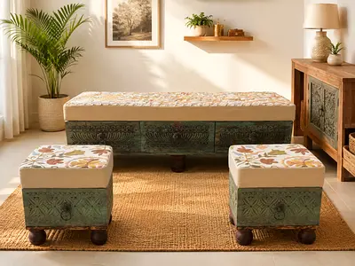 Hand-Carved Wooden Storage Bench with 2 Matching Stools