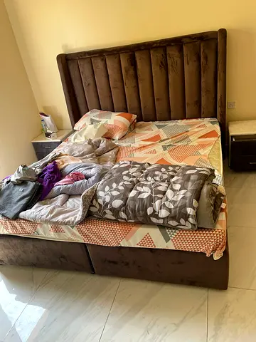 Queen size upholstered bed frame with mattress - good condition
