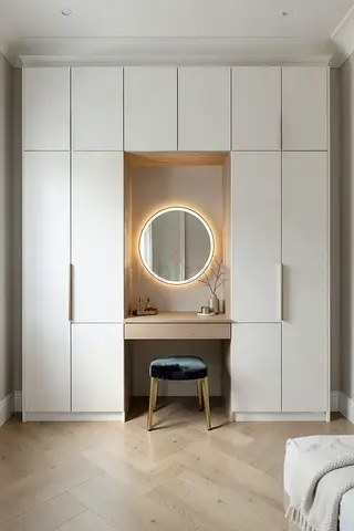 Built-in White Wardrobe with Vanity Nook and LED Mirror