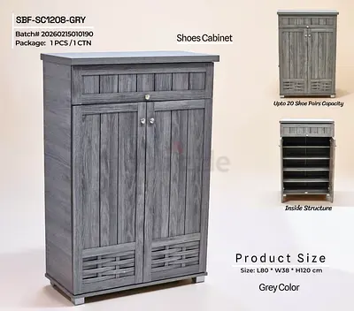 Grey Wooden Shoe Cabinet - 20 Pairs Capacity, 3-Tier Storage