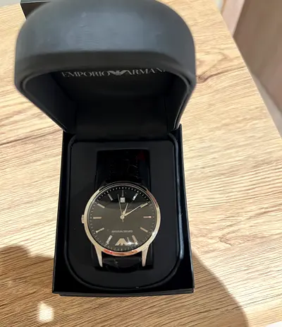 Emporio Armani men's black leather dress watch - brand new