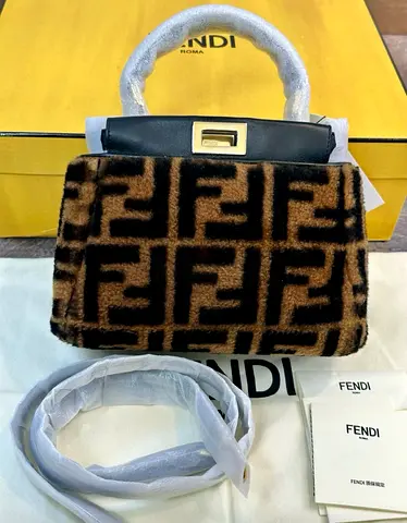 Fendi Shearling Nappa Macro FF Mini Peekaboo Iconic Satchel Tobacco